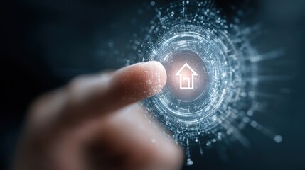 Touch screen house icon on digital display, with a finger ready to select