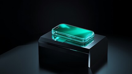Futuristic clear smartphone case in shimmering teal light on black prism pedestal