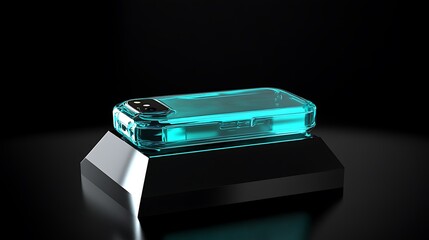 Futuristic clear smartphone case in shimmering teal light on black prism pedestal