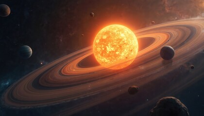 Wall Mural - Sun radiates intense light, illuminating orbiting planets, Saturn-like ring system. Celestial bodies traverse elliptical paths in vast, dark space. Cosmic scene evokes wonder about solar system
