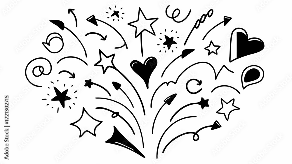 Hand drawn doodle elements featuring arrows stars hearts swirls and ...