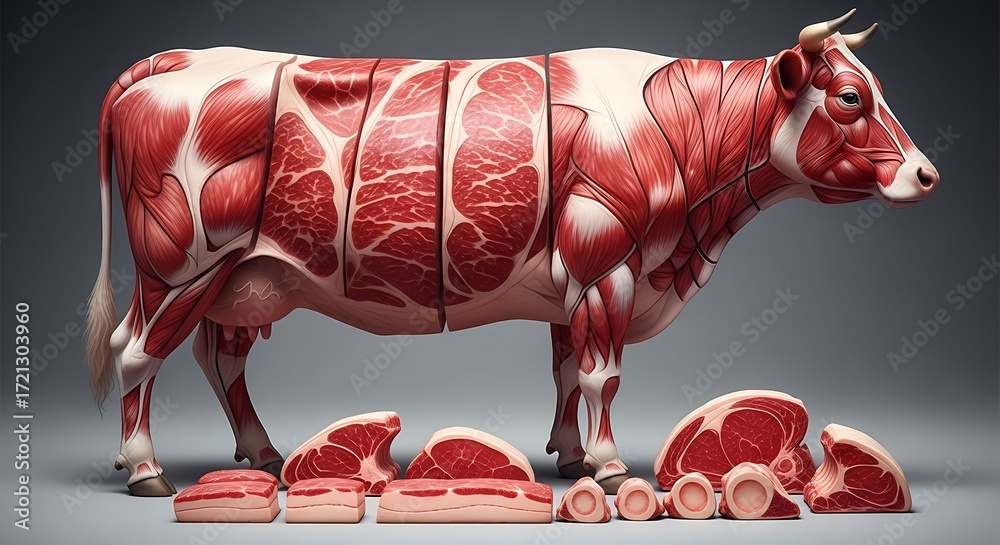 Photo Stock Detailed Anatomical Diagram of Beef Cuts - Bovine Muscle ...