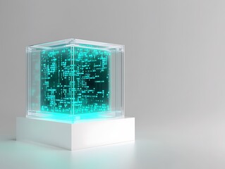 Holographic clear case with floating data overlay in teal hue on white display cube