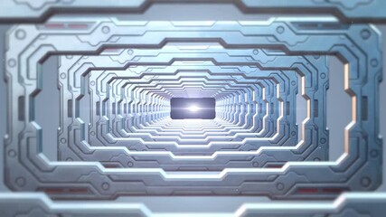 Wall Mural - Futuristic Metal Tunnel with Symmetrical Pattern and Neon Glow in Deep Blue Light