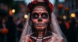 © Анастасия Макевич - Woman with skeleton makeup at Halloween event, makeup for Mexican Day of the Dead