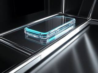 Next-gen transparent phone case with cyan pulse glow on futuristic chrome shelf