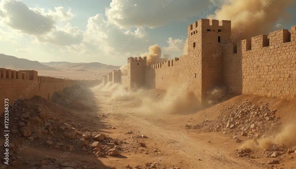 Ancient stone walls of Jericho crumbling. Medieval castle fort walls ...