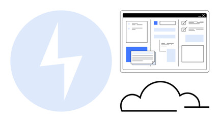 Wall Mural - Lightning bolt icon, workflow interface on computer screen, cloud graphic. Ideal for productivity, teamwork, cloud computing, innovation, efficiency SaaS tools digital transformation. Simple flat
