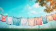 © balma - Fresh colorful laundry swaying on clothesline in gritty glowing sunlight with blue sky and garden symbolizing hope and renewal