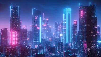 Wall Mural - A futuristic city skyline at dusk glowing with neon lights