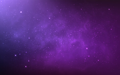 Wall Mural - Nebula background with glowing stardust. Purple galaxy with bright stars. Realistic starry cosmos texture. Color space wallpaper. Cosmic banner template. Vector Illustration.