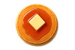 © whitestorm - Stack of golden pancakes with butter and syrup, isolated on transparent.