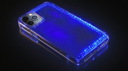 Sleek transparent phone case with electric blue glow and nano dot pattern display background