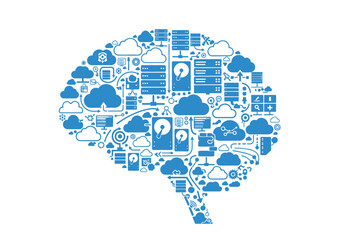 A human brain silhouette composed of various blue technology, cloud computing, and network icons on a white background.