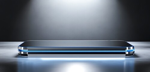 Slim clear case with blue metallic edge reflection on ultra-modern digital podium