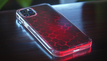 Tech clear phone case with embedded red micro-lattice on luminous hex base