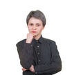 © 1STunningART - Serious young woman, short hairstyle, keeps hand under chin, looks thoughtful to camera, wears black shirt, isolated on transparent background. Pensive businesswoman portrait