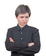 © 1STunningART - Displeased female introvert frowns face, looks discontent as keeps arms folded, isolated on transparent background. Disappointed young woman portrait