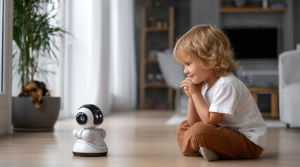Little smiling child touches his hand to a robot, artificial intelligence Artificial Intelligence, Futuristic Digital Technology, Metaverse of Digital Intelligent World