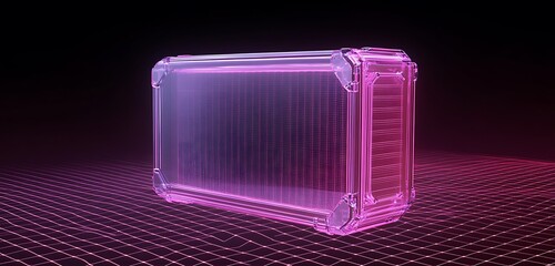 Transparent case with floating magenta nanowire texture on glowing data grid