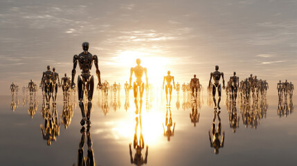 A large number of humanoid robots on a light backlit background. destruction of robots