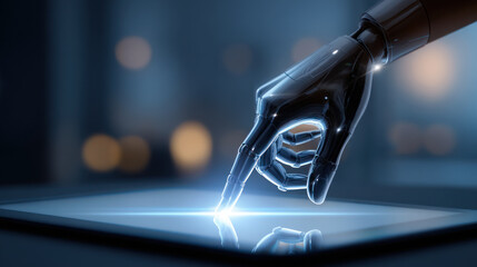 A high-tech robot operating a touchscreen interface, illuminated by a soft ambient glow. Artificial Intelligence, Futuristic Digital Technology, Metaverse of Digital Intelligent World