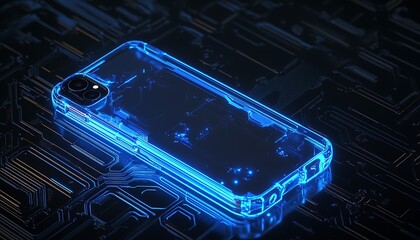 Transparent phone case emitting blue light trails on dark tech environment