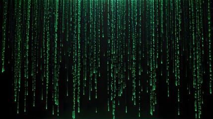 Abstract digital rain of vibrant green particles cascading against a dark, futuristic background creating a sense of technology and data flow.