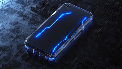 Transparent phone case with blue LED pulse veins over matte tech background