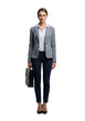 © Vectarica - Professional businesswoman full body portrait holding briefcase wearing blazer and jeans png image for design and marketing materials isolated on transparent background