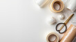 © Stas - Flat lay of logistics packaging tools including tape and scissors