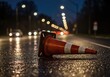 © Olesya - An orange traffic cone lies on a wet road at night with car headlights and streetlights blurring in the background. Roadside assistance during an emergency.