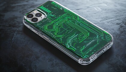 Transparent smartphone case with green circuit texture and floating HUD interface backdrop