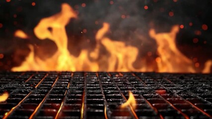 Wall Mural - A close-up shot of a grill with intense flames burning in the background, ideal for use in promotional materials for BBQs or outdoor cooking