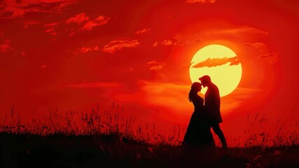 Wall Mural - A romantic moment captured between a man and a woman as they share a kiss in front of a beautiful sunset