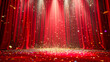 © balma - Gritty luxurious red presentation stage curtain with falling confetti under spotlight symbolizing celebration, victory, and transformation