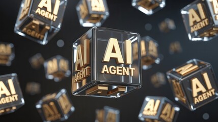 Dynamic AI agent cubes float with golden lettering symbolizing advanced artificial intelligence and future technology concepts