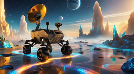 Wall Mural - High-tech space robotics illustration showing glowing rover scanning holographic extraterrestrial environment