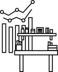Canvas Print - A black and white drawing of a desk with a shelf and a graph on the wall