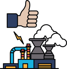 Canvas Print - A thumbs up sign is above a factory with a lot of smoke coming out of it