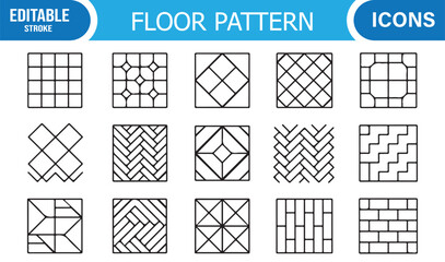 Minimal line icons of decorative flooring, paving, and tiling motifs.