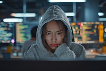 Young asian woman programmer in hoodie feeling upset while coding or working late at night in dark office. Hacker or software developer working on computer concept.