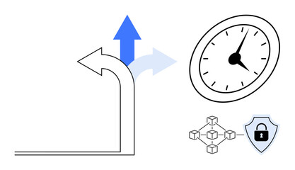 Curved arrow branching into three directions, wall clock for time, blockchain network, and shield icon for security. Ideal for decision-making, time management, technology, blockchain, cybersecurity