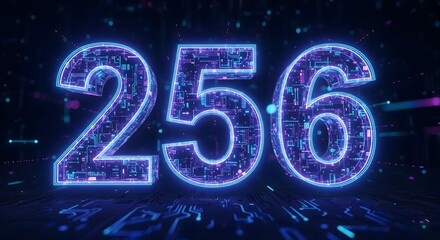 Digital 256 number for programmers day with neon lights and circuit board