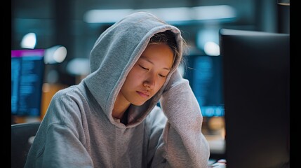 Exhausted woman sleeping desk in open office. Overworked employee getting rest after working late at night in call center.