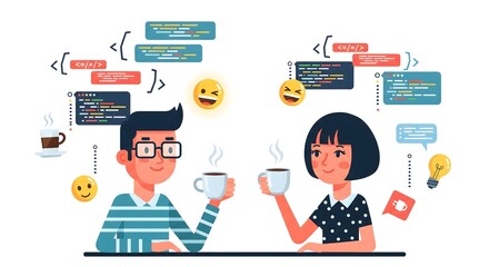 Two programmers are having a conversation while drinking coffee isolated on white background