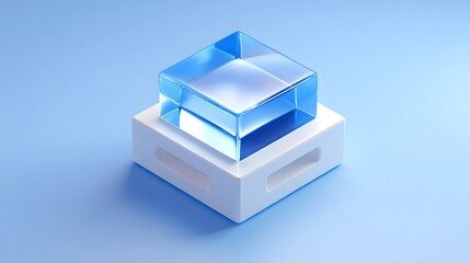 A transparent blue glass cube resting on a simple white pedestal against a plain blue background, creating a clean and elegant minimalist composition.