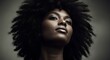 © pedro - Powerful portrait of a woman with natural afro hair, gazing upward with strength, elegance, and quiet confidence against a dark background.