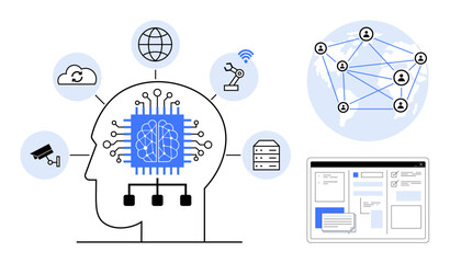Wall Mural - Human head with circuit brain surrounded by cloud, automation, network globe. Neural connections, data processing, digital workflows. Ideal for AI, machine learning, data automation innovation