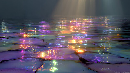 Ethereal light beams illuminate a shimmering, abstract landscape of colorful, fractured surfaces.